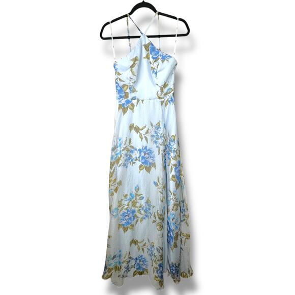 Lulus NWOT Romantic Marvel Light Blue Floral Print Halter Neck Maxi Dress Small - Picture 3 of 10